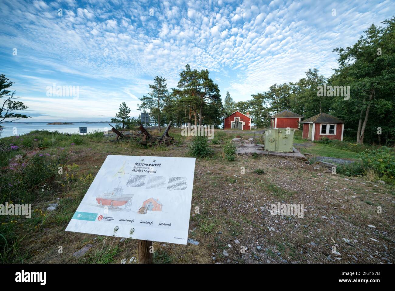Info Board all'isola di Örö, Kemiönsaari, Finlandia Foto Stock