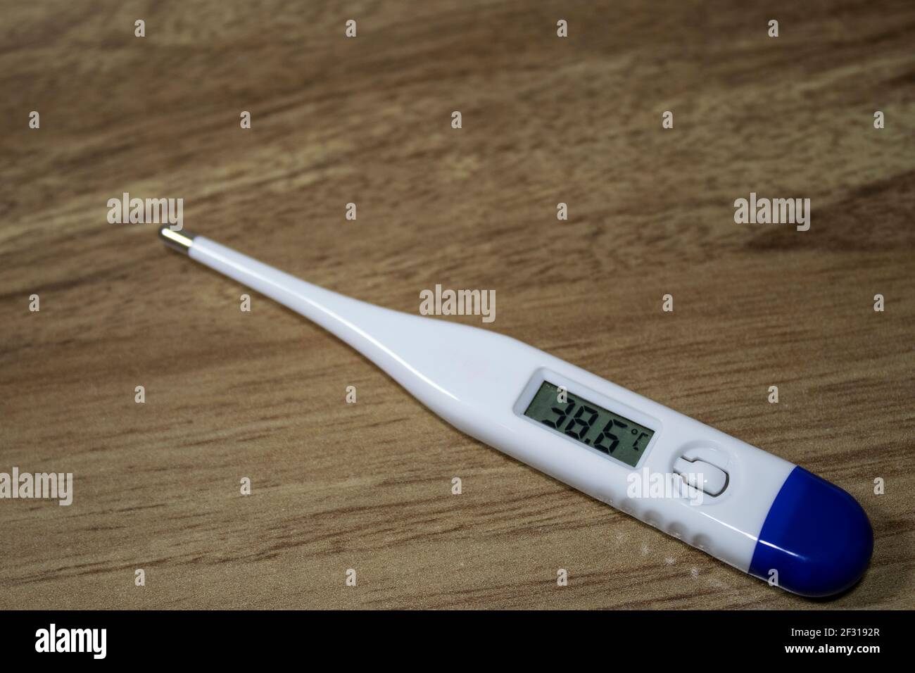 Foto del termometro con manico blu e colore bianco con 38 gradi. Indicatore di febbre alta. Foto Stock