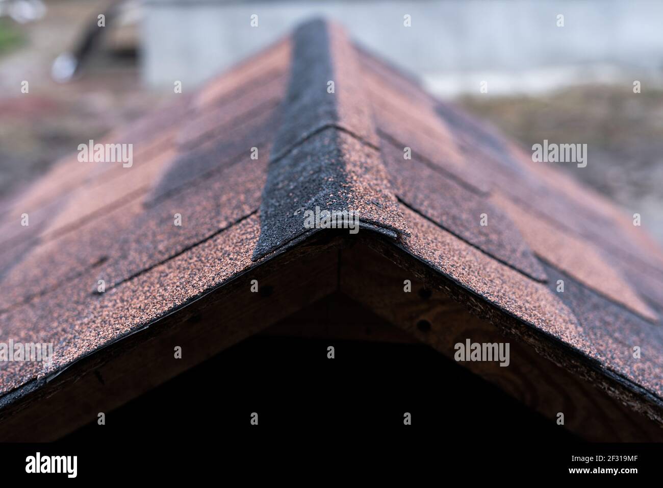 Cresta di copertura per una doghouse fatta di bruni bitumen shingles primo piano Foto Stock