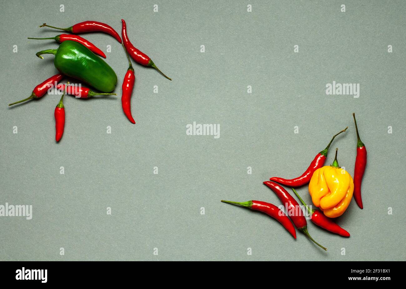 peperoni in diversi colori su sfondo grigio Foto Stock