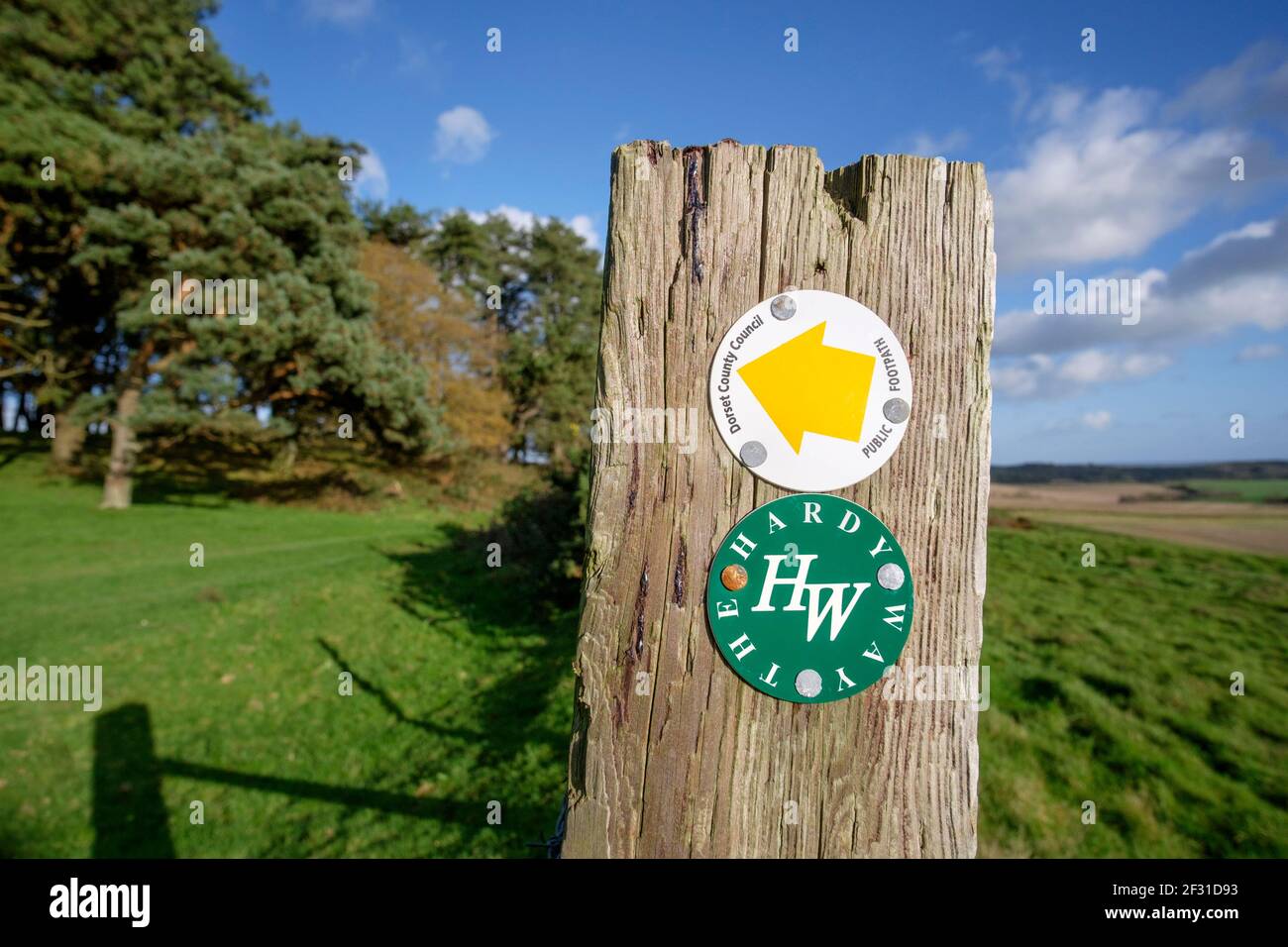 The Hardy Way, un sentiero pedonale lungo percorso nel sud dell'Inghilterra che indica Penbury Knoll vicino a Pentridge, Dorset, Regno Unito Foto Stock