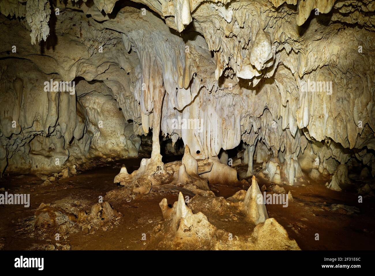 Grotte di Kiwengwa sull'isola di Zanzibar in Tanzania, adorano gli antenati della gente del posto, doni alle pietre sante, stalagmiti e stalattiti formate dal dissolv dell'acqua Foto Stock