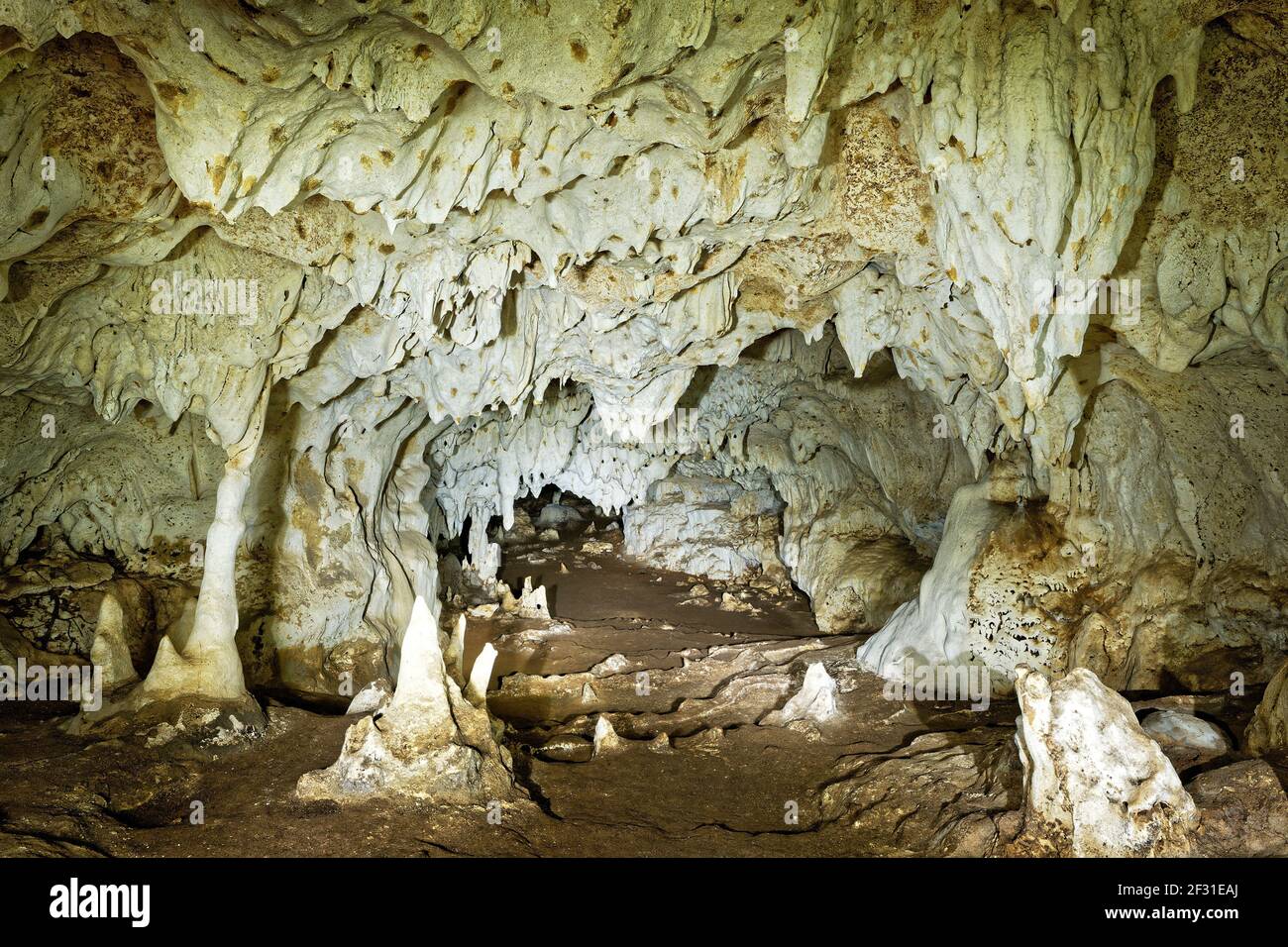 Grotte di Kiwengwa sull'isola di Zanzibar in Tanzania, adorano gli antenati della gente del posto, doni alle pietre sante, stalagmiti e stalattiti formate dal dissolv dell'acqua Foto Stock