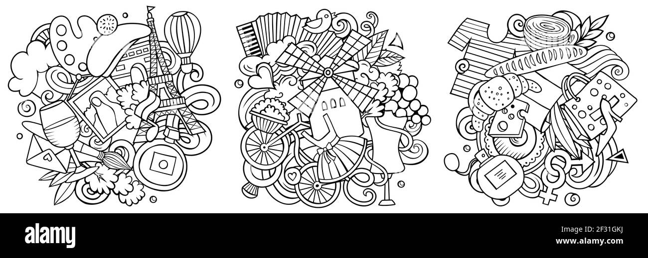 Francia cartoon vettore doodle disegni set. Line art composizioni dettagliate con molti oggetti e simboli francesi. Isolato su illustrazioni bianche Illustrazione Vettoriale