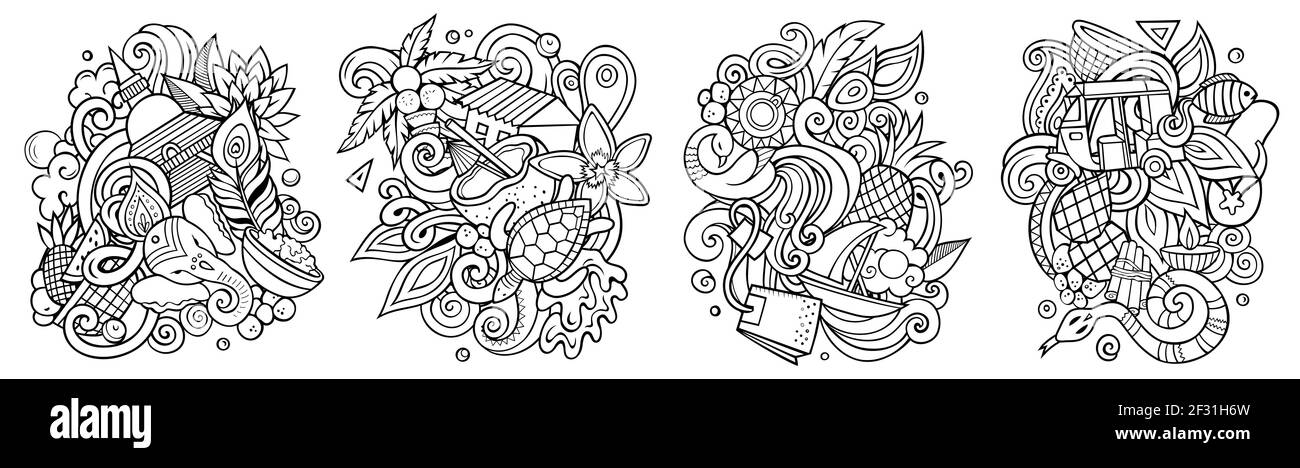 Sri Lanka cartoon vettore doodle disegni set. Line art composizioni dettagliate con molti oggetti e simboli esotici dell'isola. Isolato su illustrat bianco Illustrazione Vettoriale