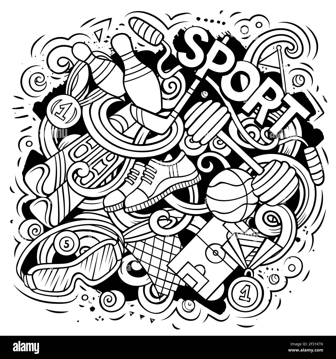 Illustrazione del doodle del fumetto dello sport. Divertente sfondo vettoriale creativo. Elementi e oggetti sportivi. Composizione line art Illustrazione Vettoriale