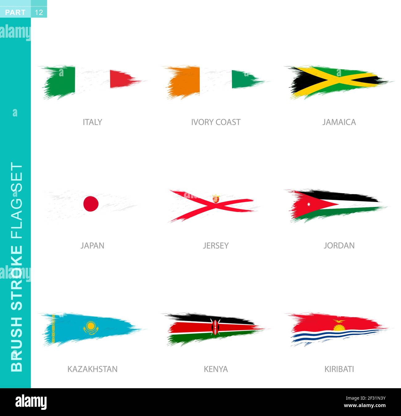 Vector Brush Stroke flag set, nove bandiere grunge: Italia, Costa d'Avorio, Giamaica, Giappone, Jersey, Giordania, Kazakistan, Kenya, Kiribati Illustrazione Vettoriale