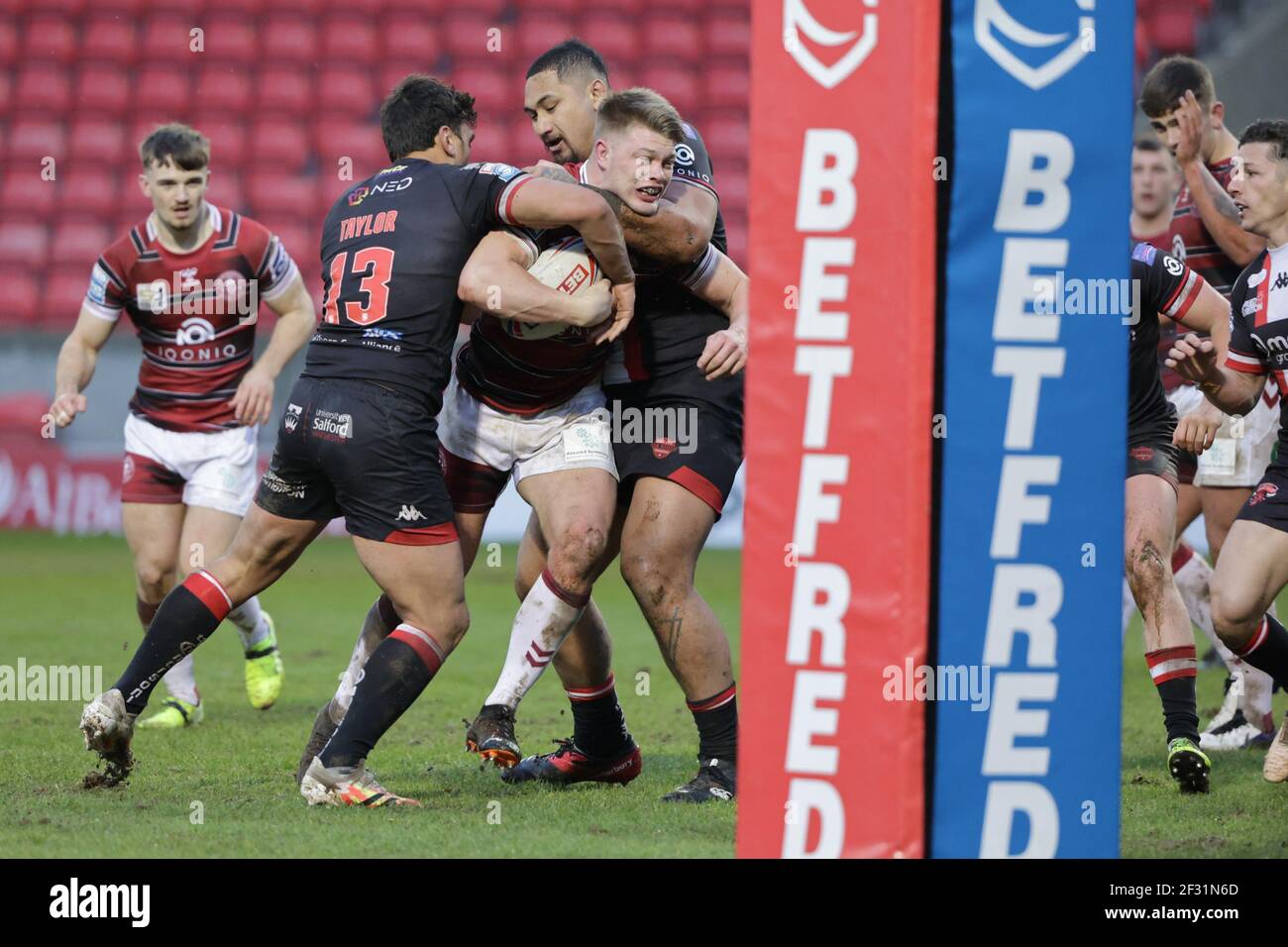 MANCHESTER, REGNO UNITO. MARZO 14. Wigan Attack durante la partita pre-stagione tra Salford Red Devils e Warriors Wigan all'AJ Bell Stadium, Eccles domenica 14 marzo 2021. (Credit: Pat Scaasi | MI News) Credit: MI News & Sport /Alamy Live News Foto Stock