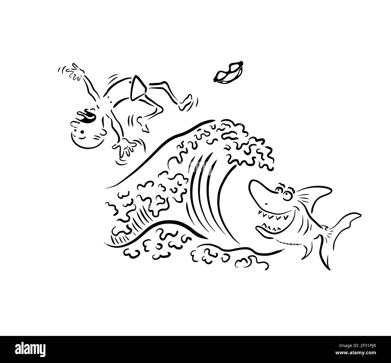 Attacco di squalo. Caricatura. Il nuotatore annegava. Squalo in mare. Illustrazione vettoriale Illustrazione Vettoriale