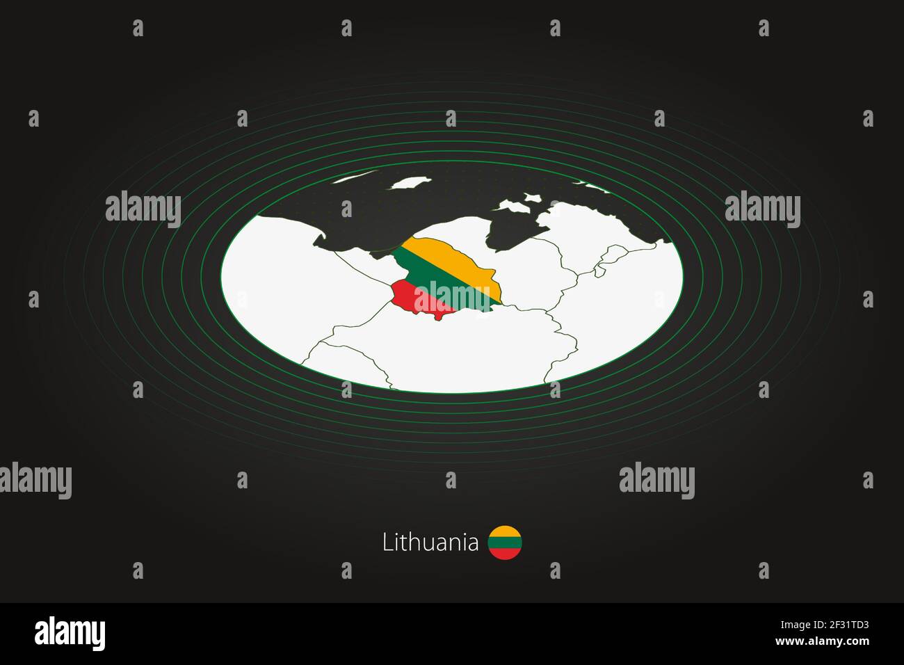 Mappa lituana di colore scuro, mappa ovale con i paesi vicini. Mappa vettoriale e bandiera della Lituania Illustrazione Vettoriale