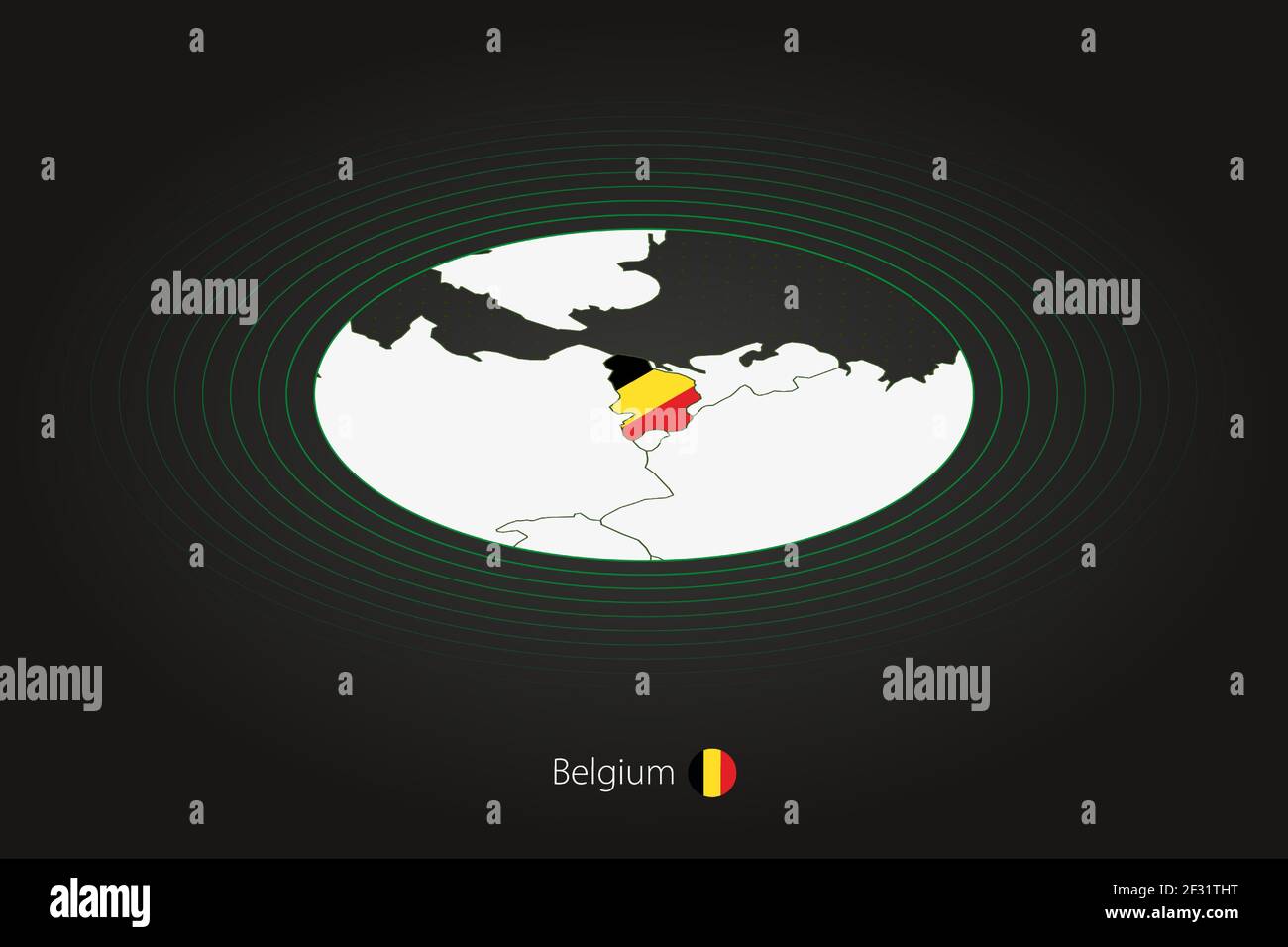 Mappa del Belgio in colore scuro, mappa ovale con i paesi vicini. Mappa vettoriale e bandiera del Belgio Illustrazione Vettoriale