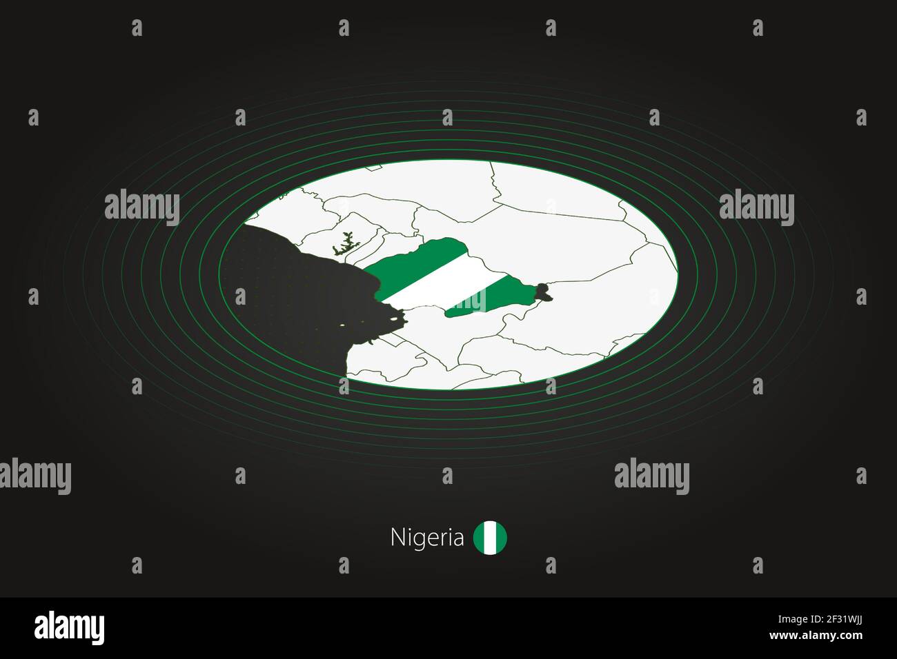 Mappa nigeriana di colore scuro, mappa ovale con paesi vicini. Mappa vettoriale e bandiera della Nigeria Illustrazione Vettoriale