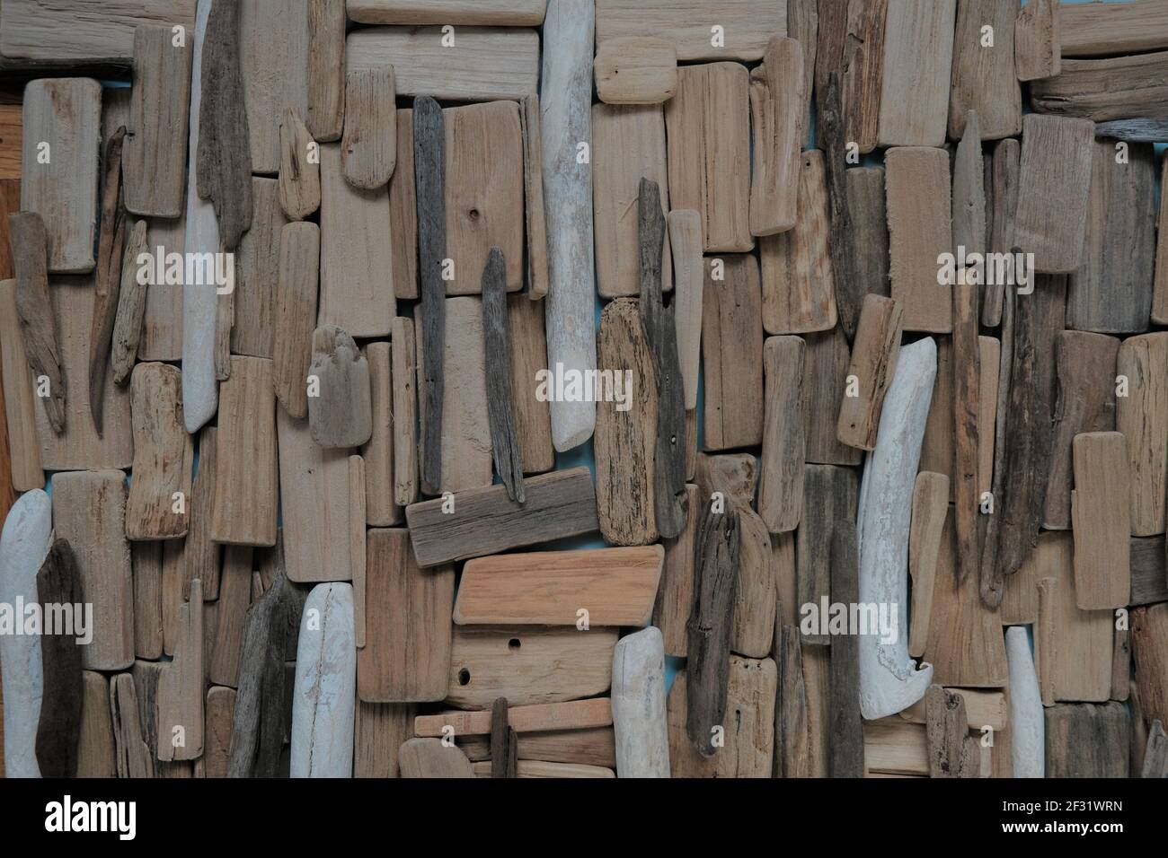 Driftwood wall.beach Driftwood background.Driftwood grigio marino e marrone .pannello decorativo In uno stile marino.Driftwood decor nautico style.Flat lay Foto Stock