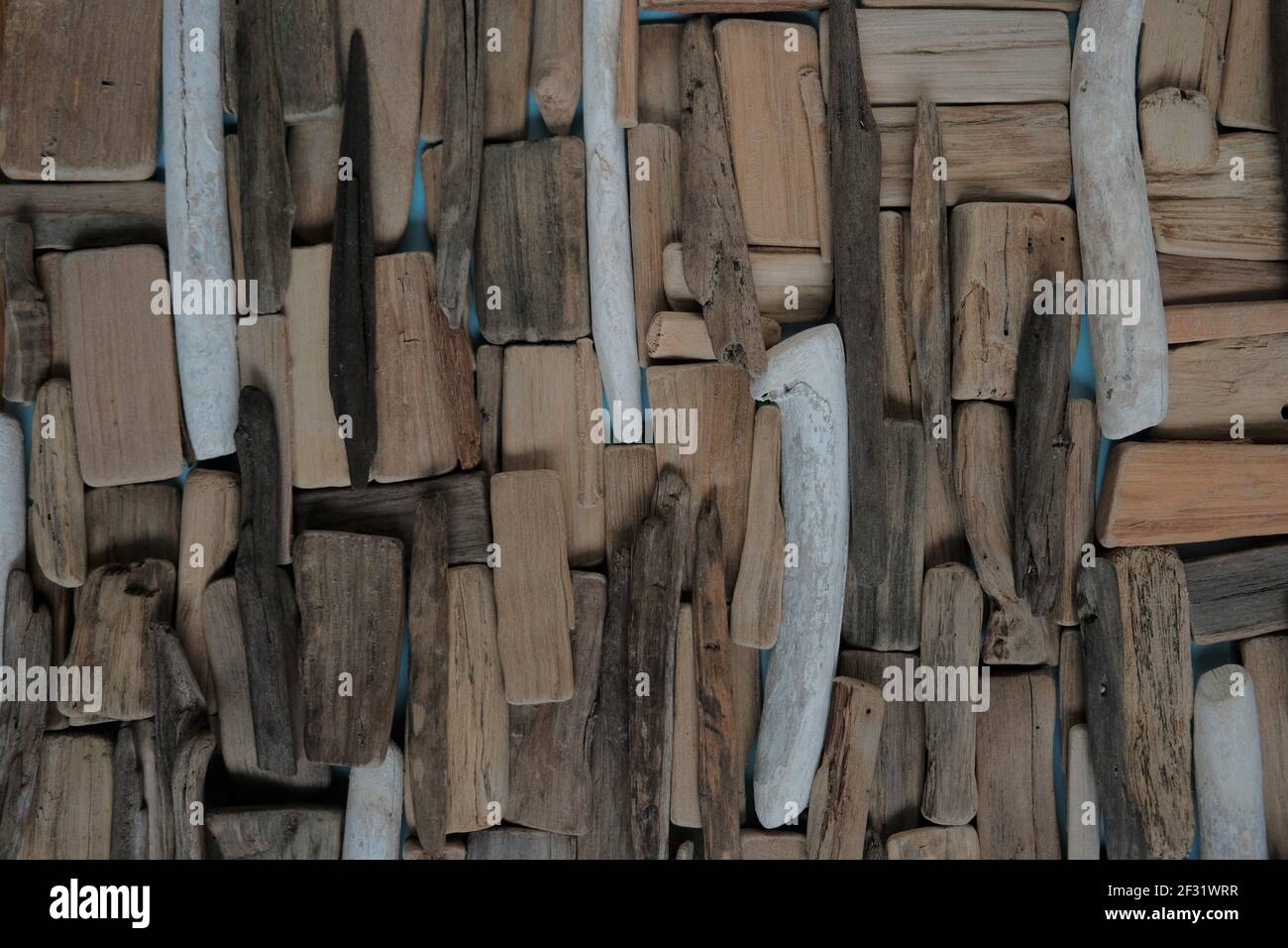 Driftwood wall.beach Driftwood background.Set driftwood grigio marino e marrone.pannello decorativo In uno stile marino.Driftwood decor di stile nautico Foto Stock