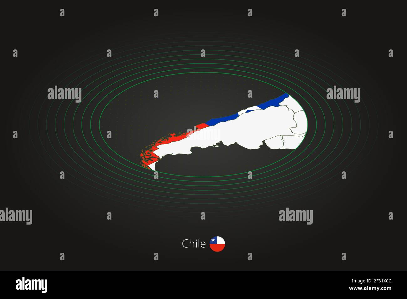 Mappa del Cile di colore scuro, mappa ovale con i paesi vicini. Mappa vettoriale e bandiera del Cile Illustrazione Vettoriale