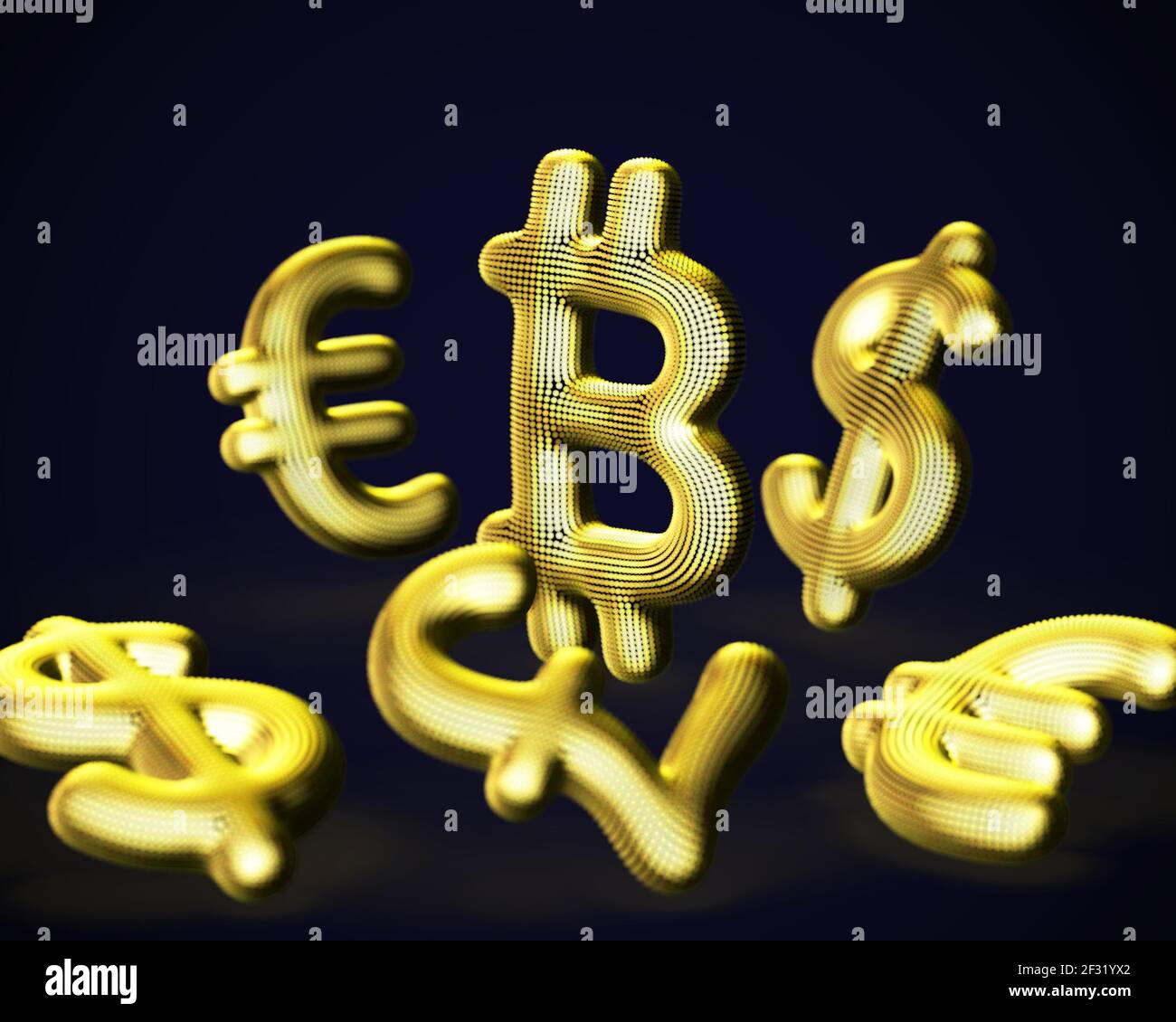 Logo 3D Bitcoin criptovalente circondato da cartelli Fiat Currencies Illustrazione Vettoriale