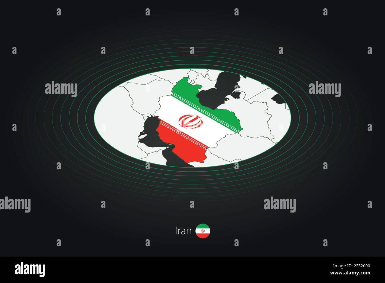 Mappa dell'Iran di colore scuro, mappa ovale con i paesi vicini. Mappa vettoriale e bandiera dell'Iran Illustrazione Vettoriale