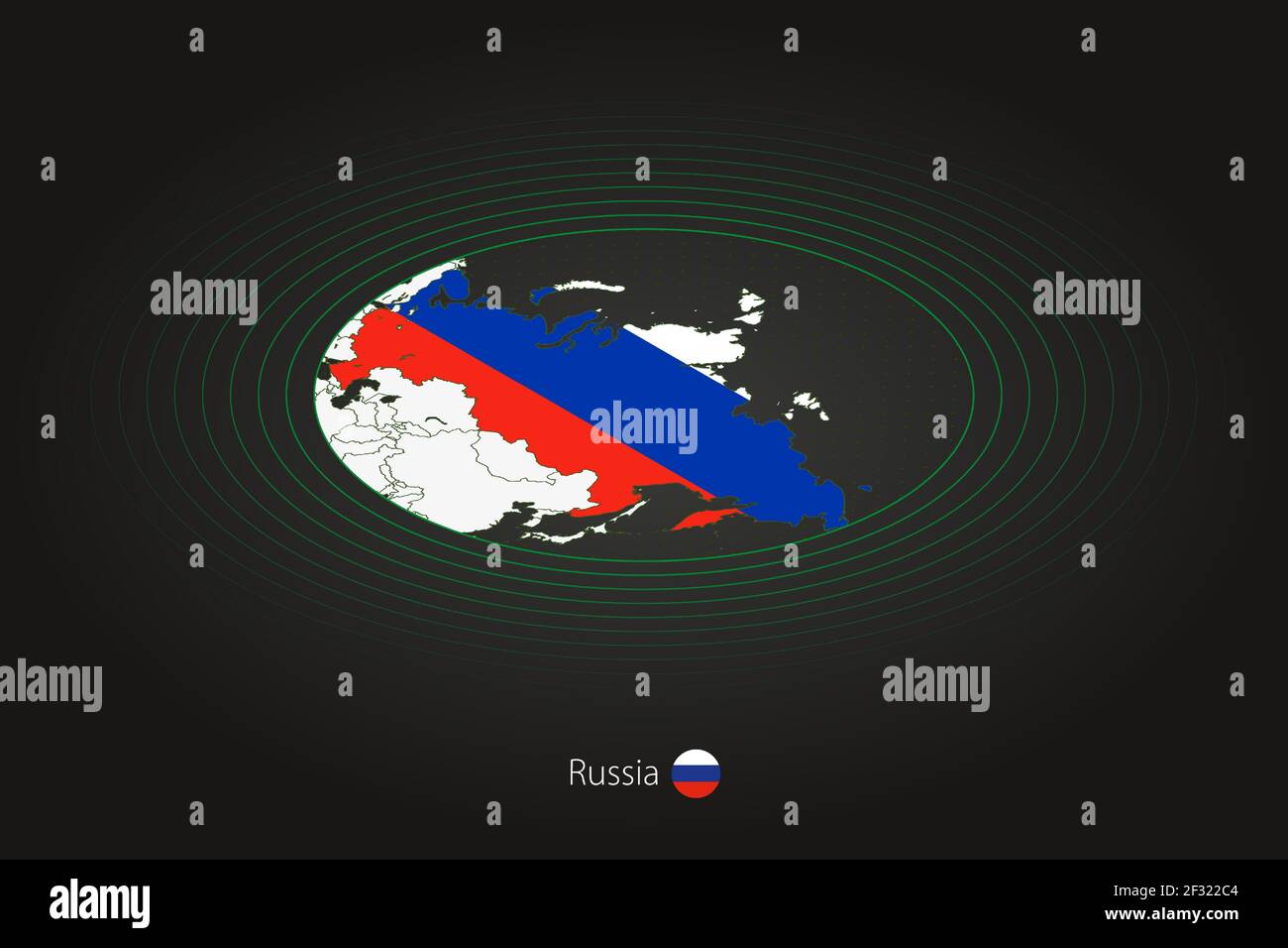 Mappa della Russia in colore scuro, mappa ovale con i paesi vicini. Mappa vettoriale e bandiera della Russia Illustrazione Vettoriale