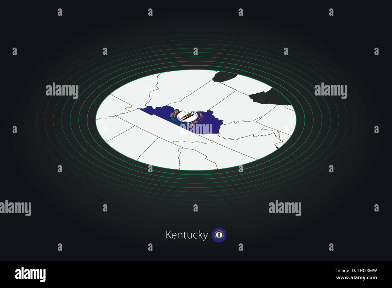 Mappa del Kentucky di colore scuro, mappa ovale con gli stati vicini degli Stati Uniti. Mappa vettoriale e bandiera dello stato degli Stati Uniti Kentucky Illustrazione Vettoriale