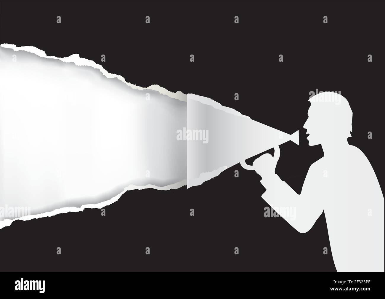 Uomo con megafono che strappa carta nera. Immagine dello sfondo di carta con silhouette maschio stilizzata. Modello per banner pubblicitari. Illustrazione Vettoriale