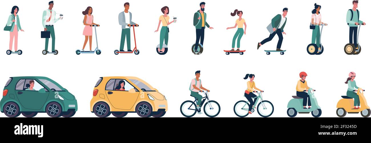 Energia verde, insieme vettoriale di veicoli alternativi ecocompatibili. Persone, uomini e donne cavalcano moderne auto ecologiche, scooter elettrici, skateboard, biciclette, ciclomotori. Illustrazione Vettoriale