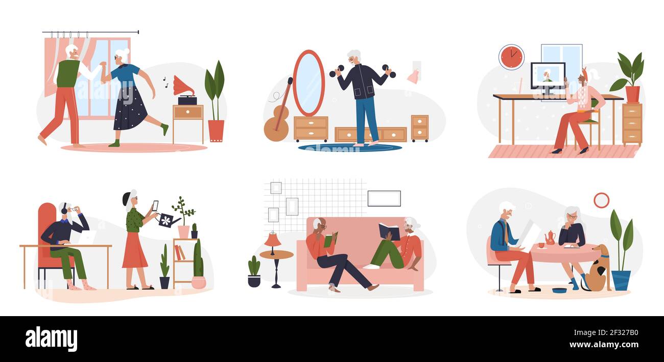 Anziani stile di vita scene set, uomo donna leggere libri, danza alla musica, fare sport Illustrazione Vettoriale