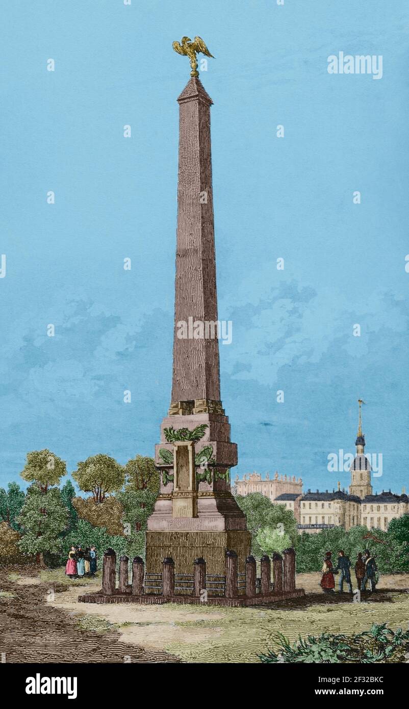 Obelisco di Poltava. Commemora la sconfitta di Carlo XII di Svezia da parte di Pietro il Grande. Poltava (oggi Ucraina). Incisione di Lemaitre, Danvin e Alfred. Storia della Russia di Jean Marie Chopin (1796-1870). Panorama Universal, edizione spagnola, 1839. Colorazione successiva. Foto Stock