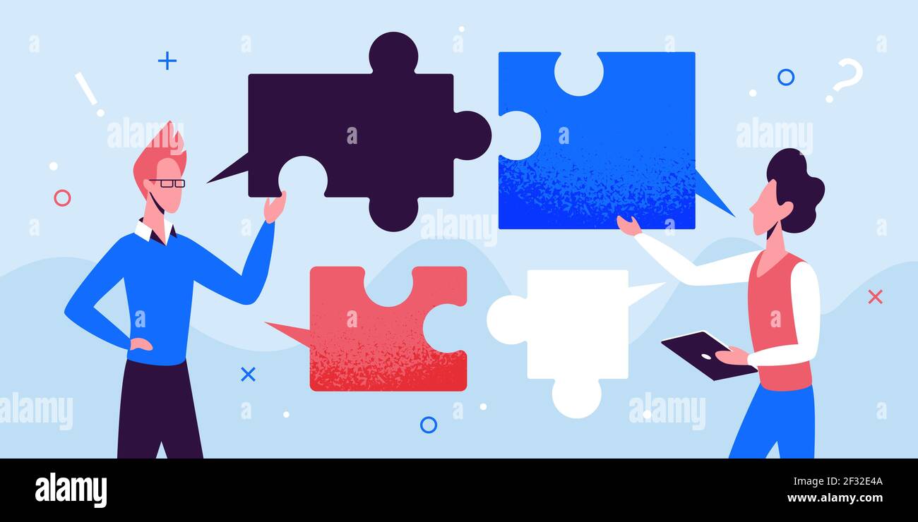 Business persone team comunicazione, uomo d'affari che parla, lavorando con puzzle bolle Illustrazione Vettoriale