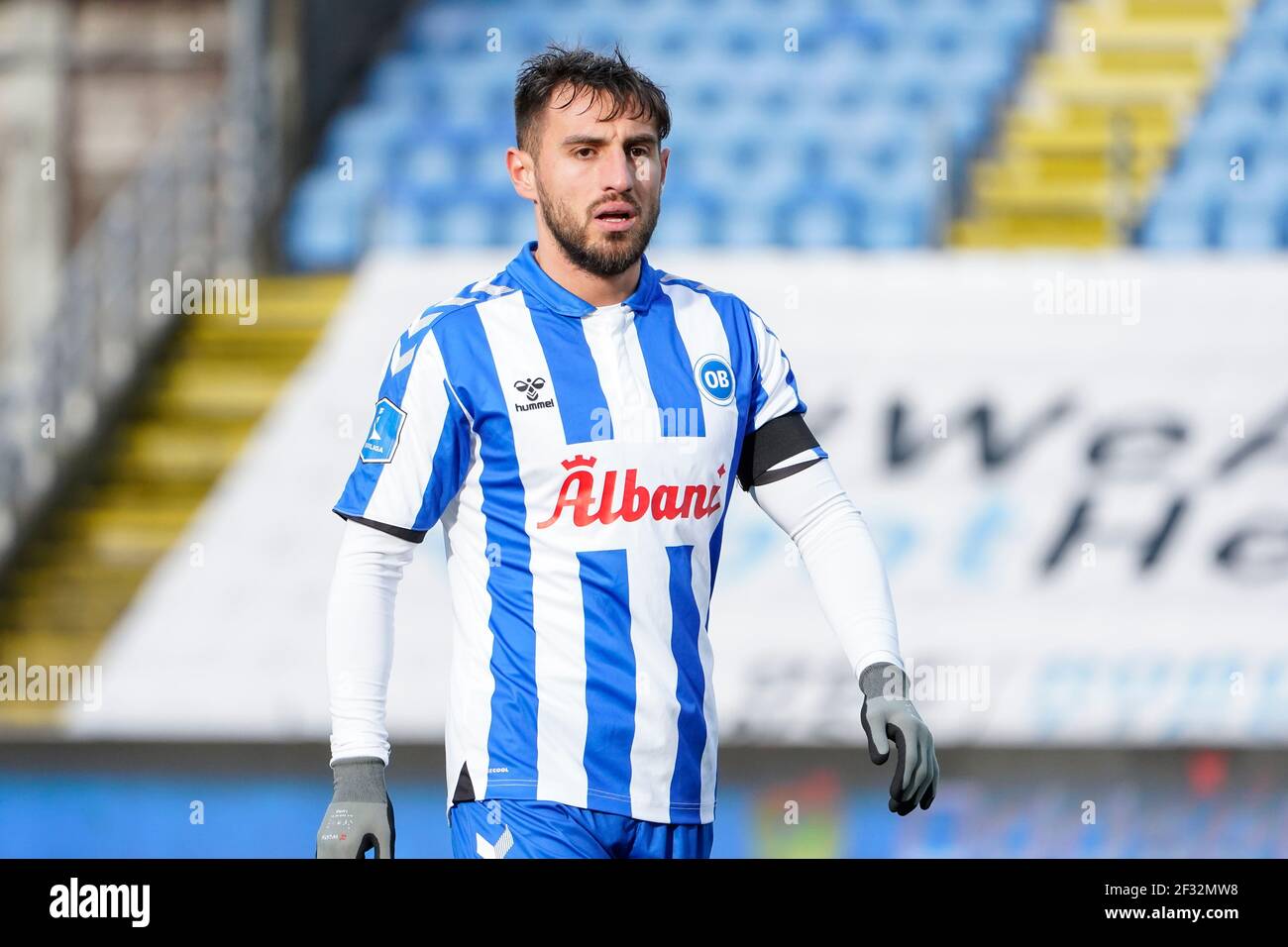 Odense, Danimarca. 14 Marzo 2021. BAHKIM Kadrii (12) di OB visto durante la partita 3F Superliga tra Odense Boldklub e Broendby IF al Nature Energy Park di Odense. (Photo Credit: Gonzales Photo/Alamy Live News Foto Stock