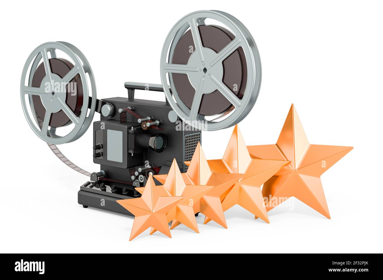 Valutazione da parte del cliente del proiettore di pellicole. Rendering 3D isolato su sfondo bianco Foto Stock