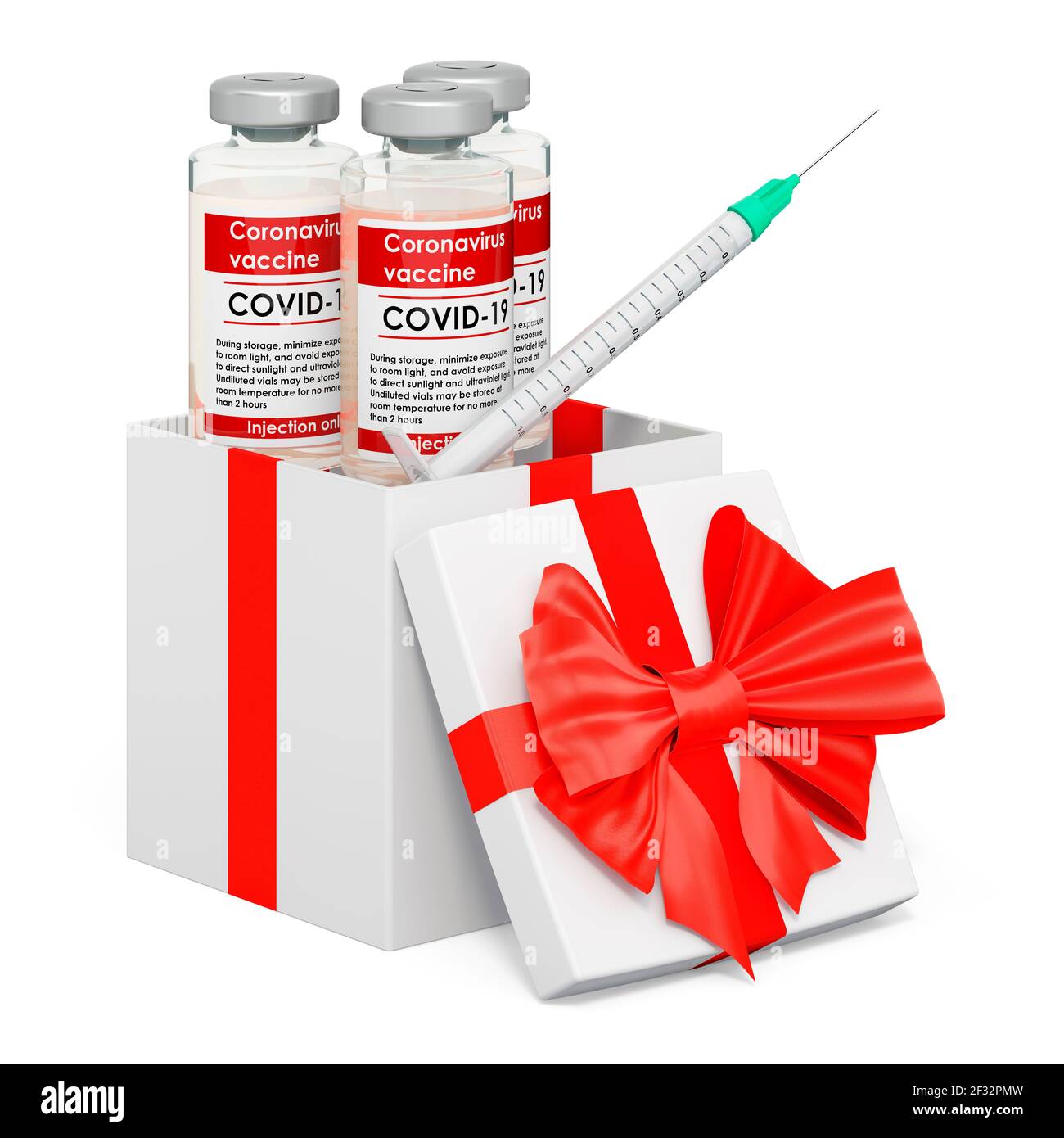 Vaccino all'interno della confezione regalo, concetto attuale. Rendering 3D isolato su sfondo bianco Foto Stock