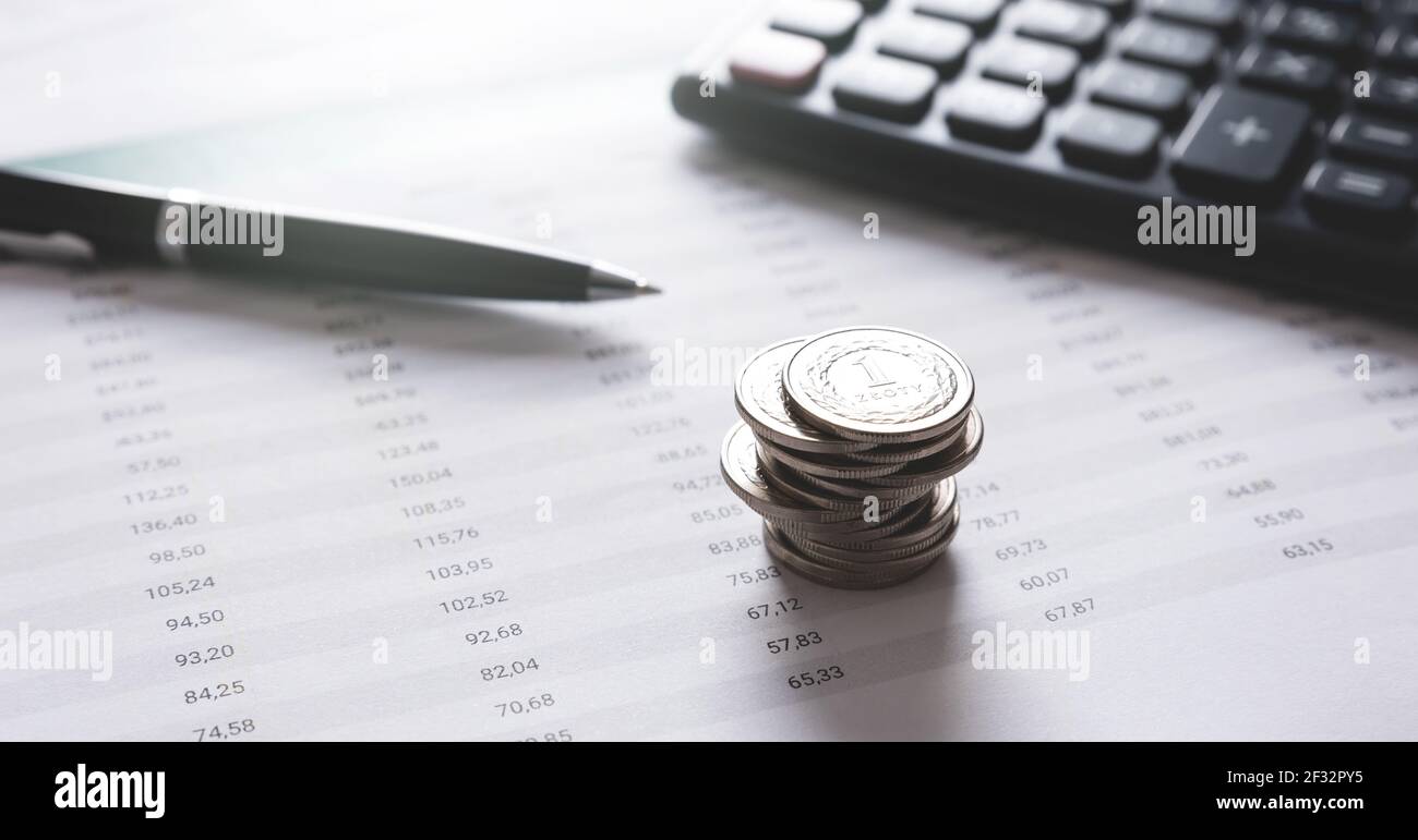 Contabilità finanziaria, budget, concetto di borsa. Pila di monete polacche Foto Stock