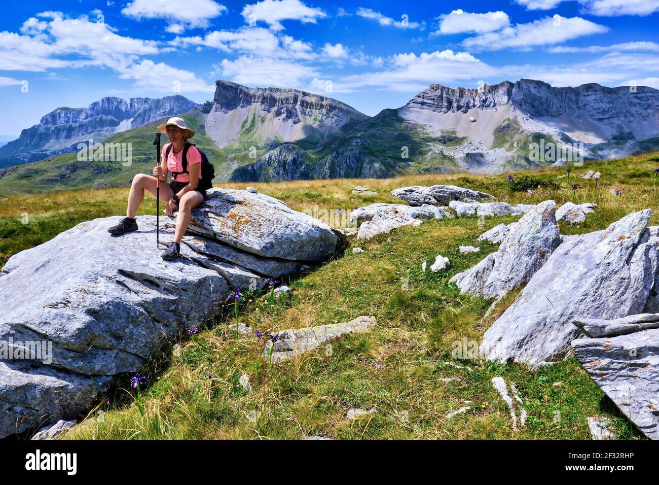 Donna escursionista in un paesaggio di montagne e praterie. Foto Stock