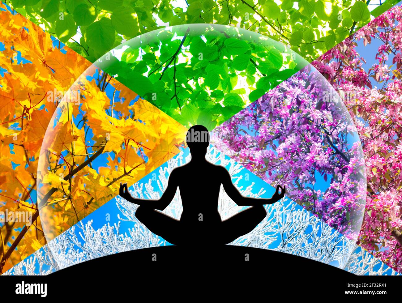 Yoga femmina figura silhouette contro il collage di quattro immagini che  rappresentano ogni Stagione: Primavera, estate, autunno e inverno Foto  stock - Alamy