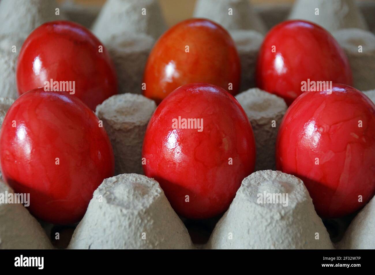 Uova di Pasqua di colore rosso in un cartone di uovo Foto Stock