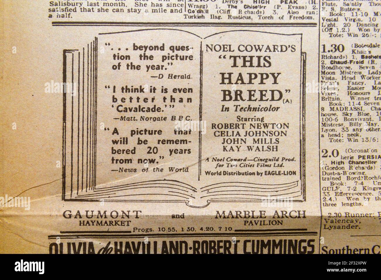 Annuncio per il nuovo film di Noel Coward 'This Happy Breed' nel quotidiano Evening Standard (replica) il 6 giugno 1944. Foto Stock