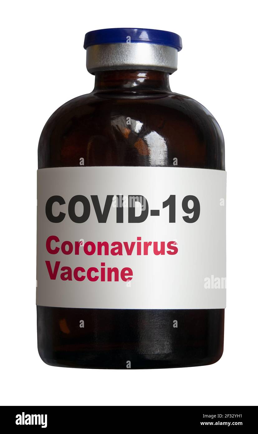 Flacone o flacone contenente un vaccino per Coronavirus o COVID-19, su sfondo bianco Foto Stock