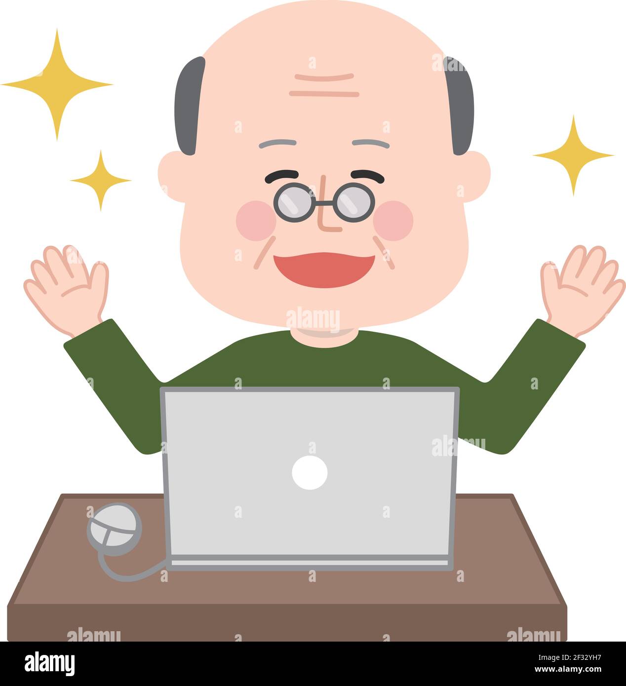 Un anziano molto felice che guarda un computer portatile. Illustrazione vettoriale isolata su sfondo bianco. Illustrazione Vettoriale