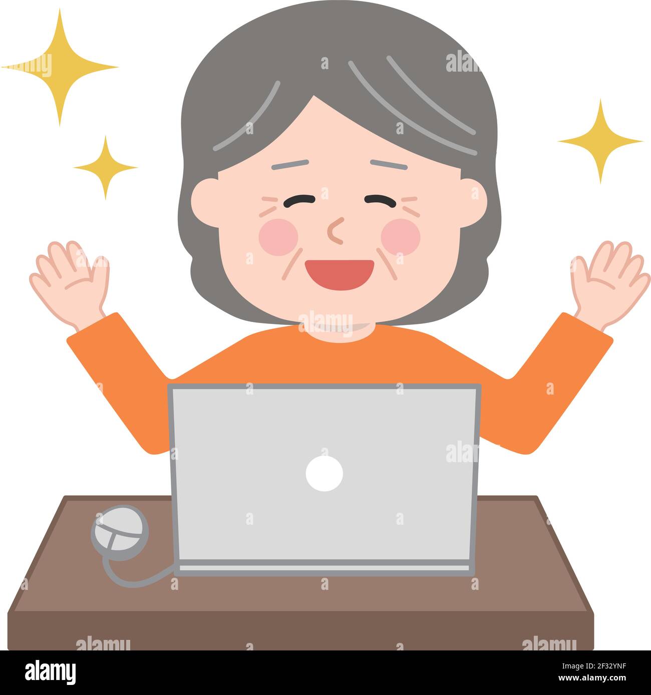 Donna anziana entusiasta che guarda un computer portatile. Illustrazione Vettoriale