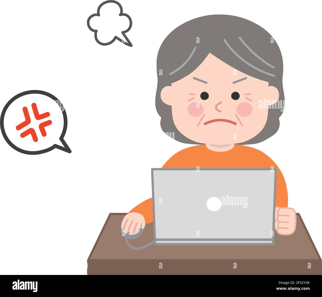 Donna anziana arrabbiata che guarda un computer portatile. Illustrazione vettoriale isolata su sfondo bianco. Illustrazione Vettoriale
