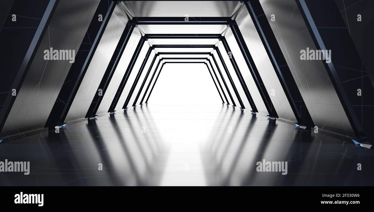 corridoio scuro futuristico vuoto con rappresentazione 3d con illuminazione blu Foto Stock