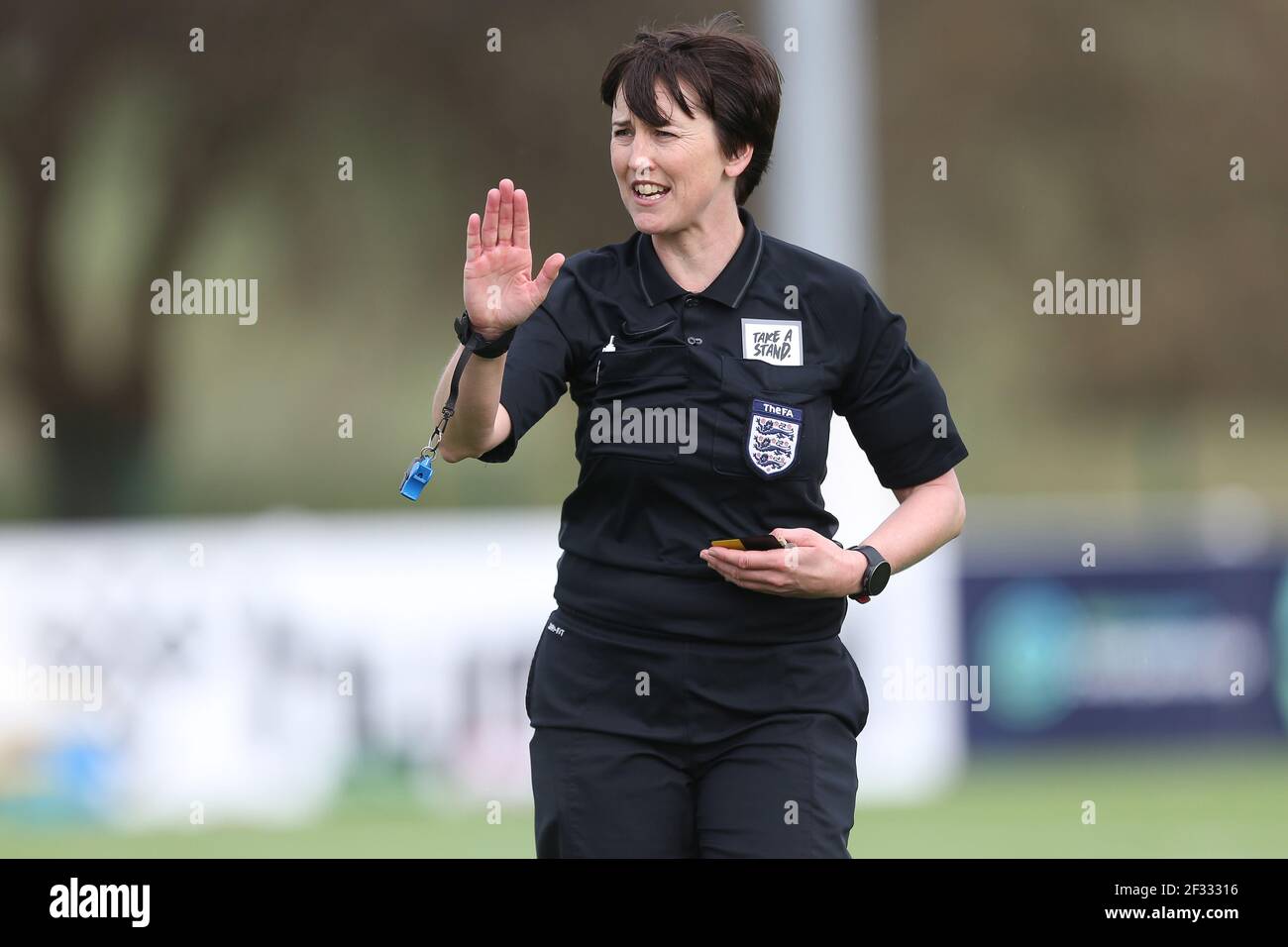 DURHAM CITY, REGNO UNITO. 14 MARZO il referente Jane SIMM durante la partita fa Women's Championship tra il Durham Women FC e Leicester City al Maiden Castle di Durham City domenica 14 Marzo 2021. (Credit: Mark Fletcher | MI News) Credit: MI News & Sport /Alamy Live News Foto Stock