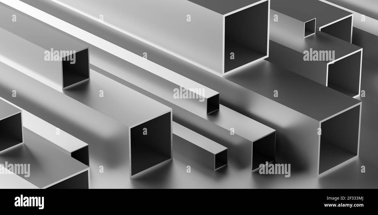 Profili quadrati in alluminio spazzolato stack o heap frame di riempimento sfondo, produzione di metallo o concetto di prodotto, illustrazione 3D Foto Stock