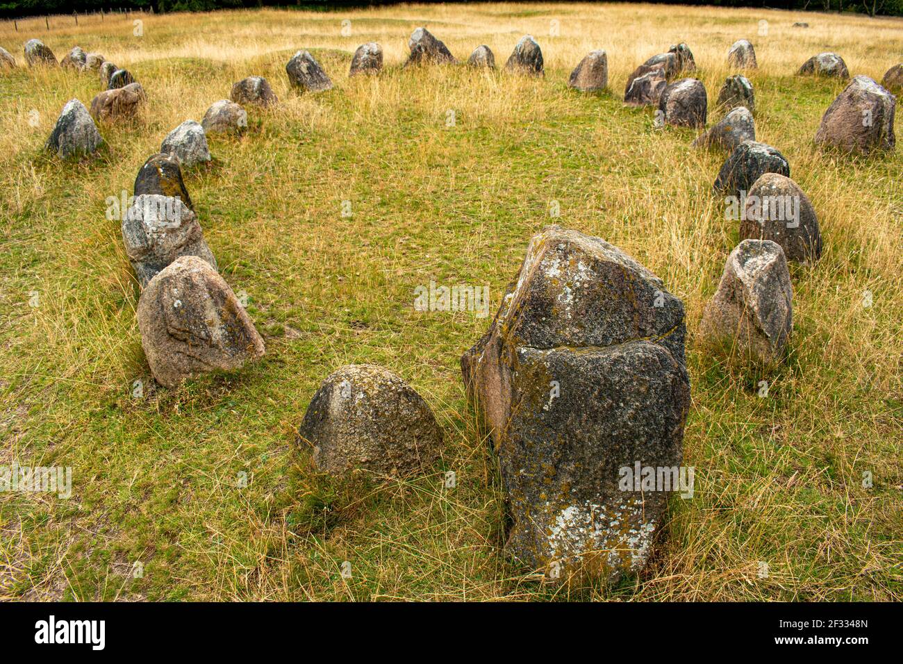 Lindholm Hoje viking tombe in cerchio, un antico luogo di sepoltura vichinga a Jutland, Danimarca Foto Stock