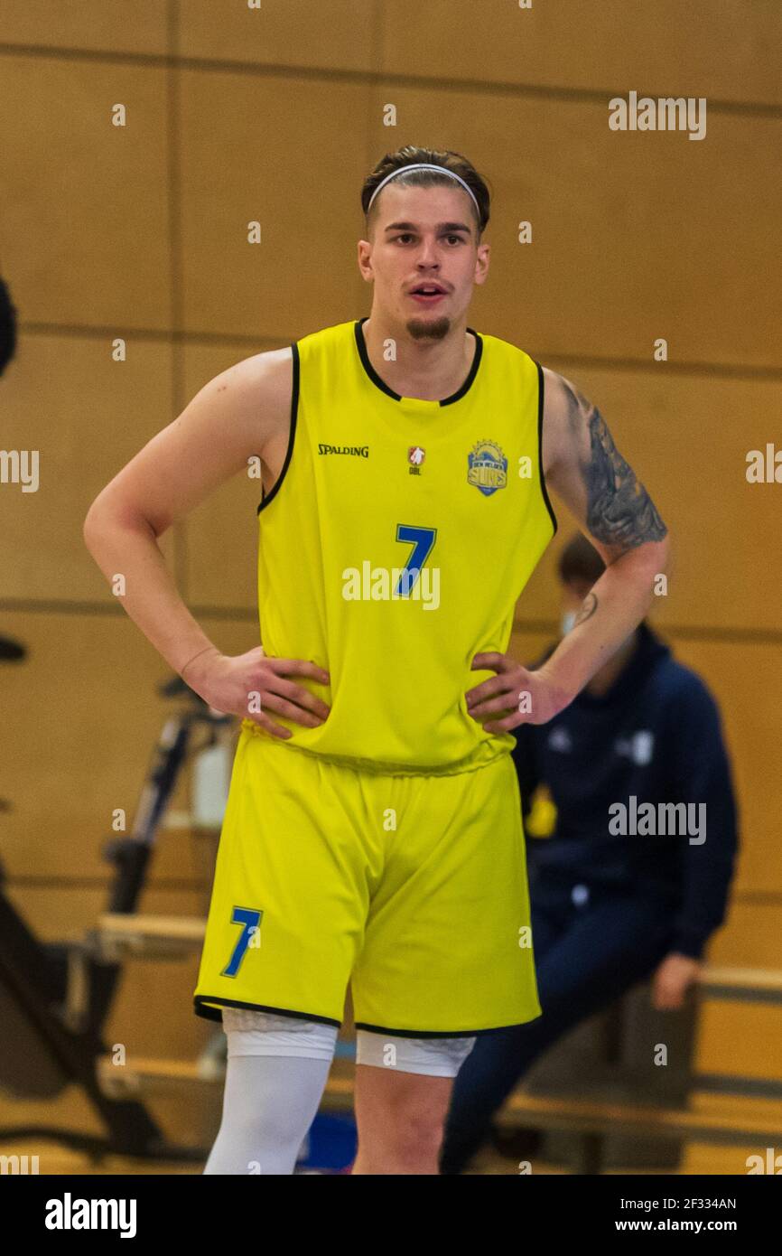 ZWOLLE, PAESI BASSI - MARZO 14: Ben Kovac di Den Helder Suns durante la partita della Lega di pallacanestro olandese tra Landstede Hammers e Den Helder Suns a. Foto Stock