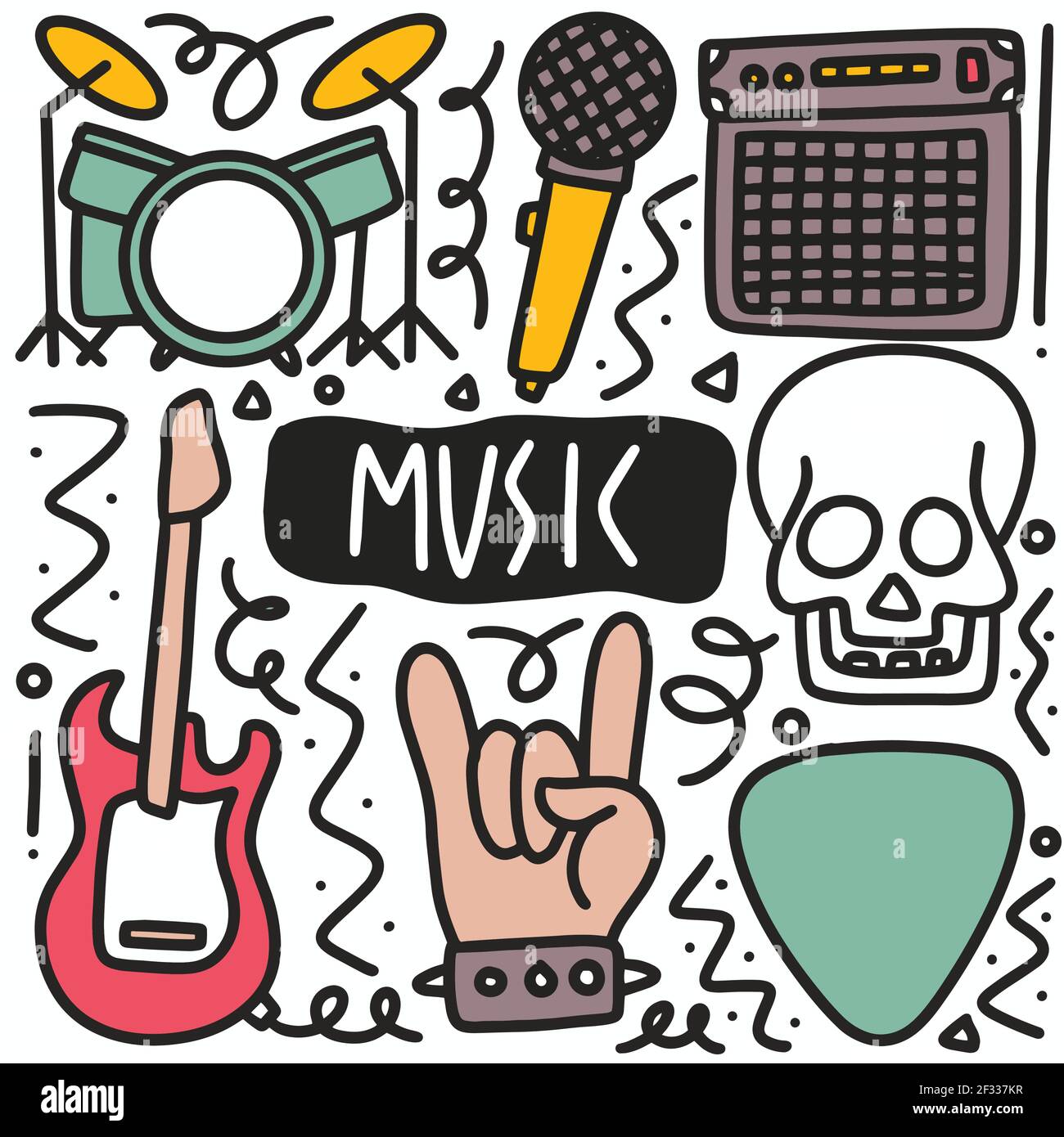 doodle set di strumenti musicali disegno a mano Illustrazione Vettoriale