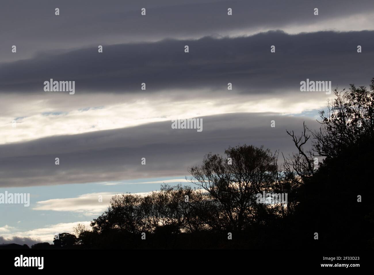 silhouette di alberi e una collina contro le nuvole tempesta e il cielo azzurro chiaro in serata Foto Stock