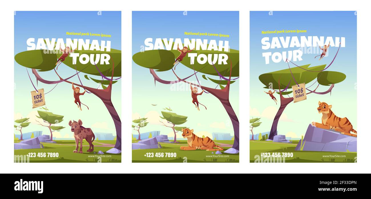 Poster del tour di Savannah con animali africani Illustrazione Vettoriale