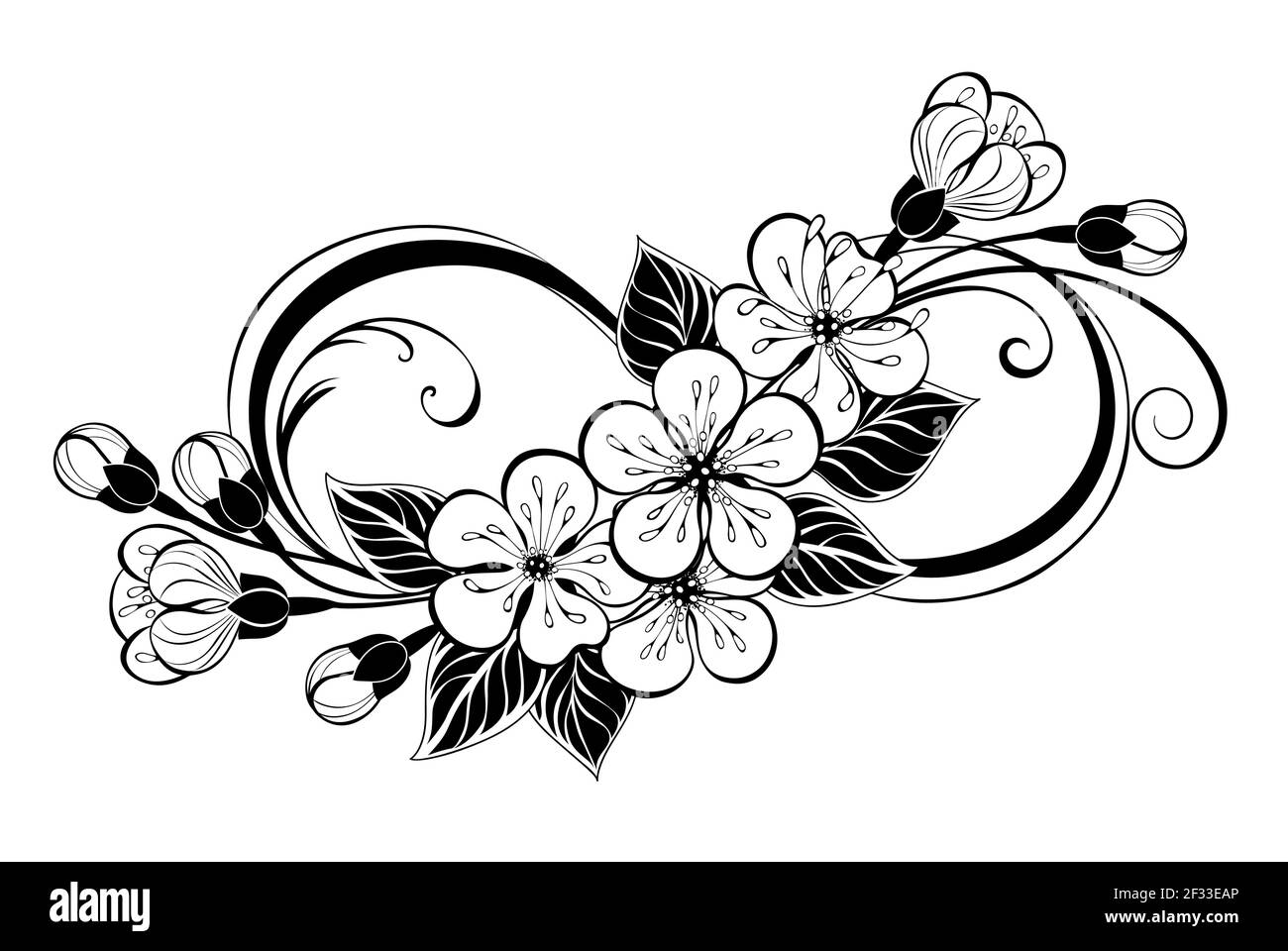 Silhouette simbolo dell'infinito, decorata con contorni, disegnata artisticamente, contorno, graziosi fiori sakura e foglie su sfondo bianco. Colorazione. Illustrazione Vettoriale