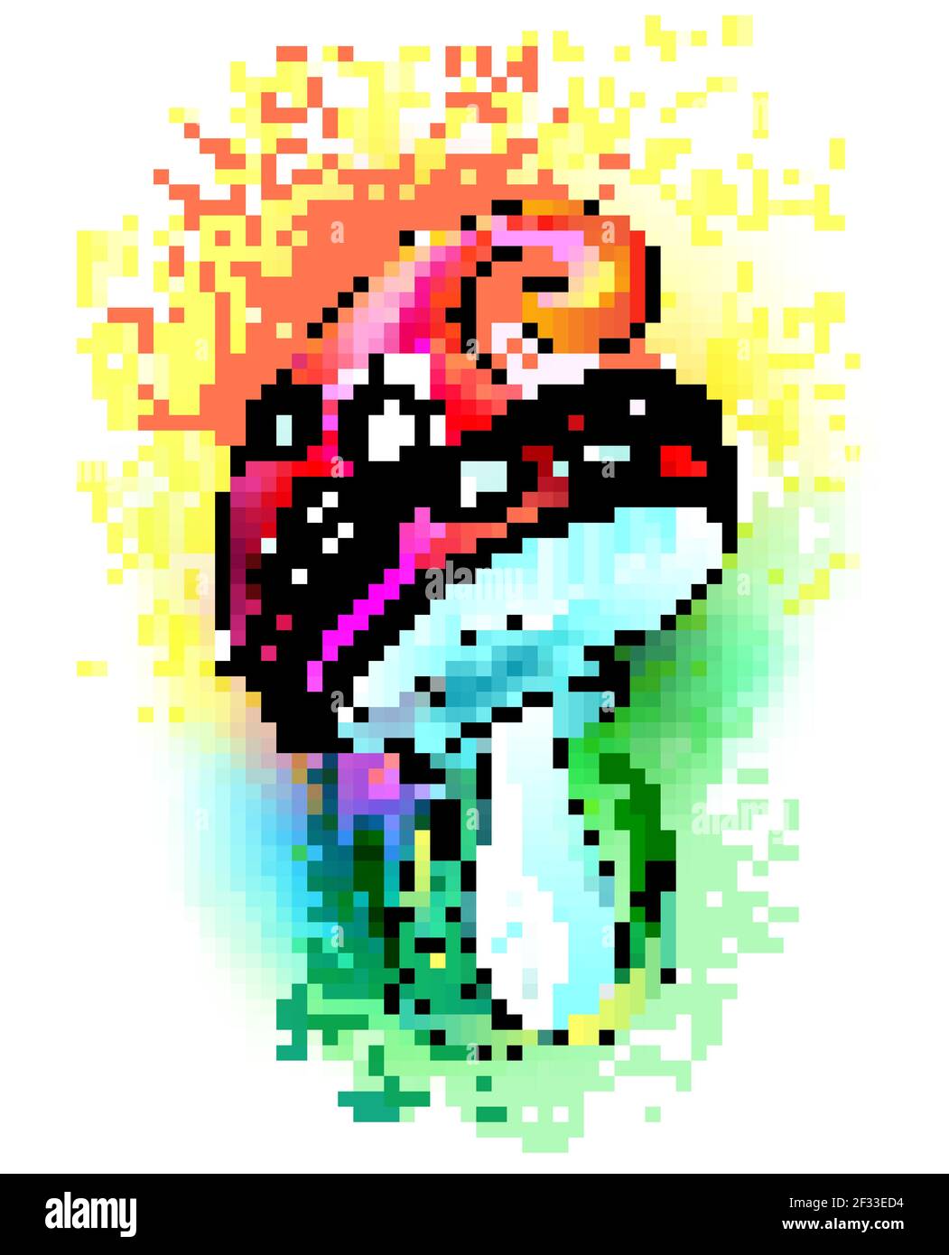 Disegnato artisticamente, amanita con un cappello rosso brillante su sfondo bianco dipinto con vernice colorata. Funghi favolosi. Amanita muscaria. Illustrazione Vettoriale